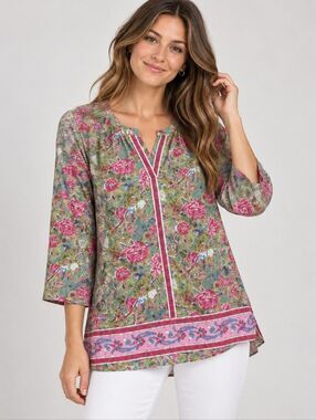 Lola Australia Green Pink Boho Printed Blouse Size XS Xsmall